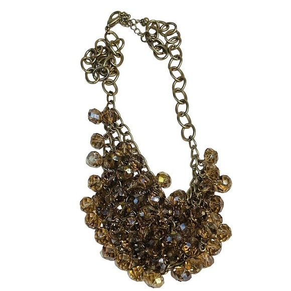 Vintage Gold Tone Crystal Beads Statement Bib Necklace Shimmery Dramatic Party - Picture 3 of 8